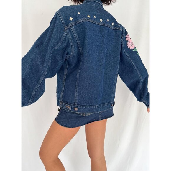 90s vintage blue denim embellished hand painted flowers jean jacket medium - Picture 3 of 9